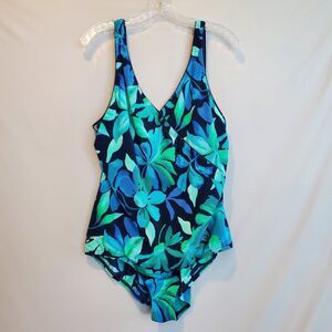 Speedo Women's Swimsuit LG Lined BIB V-neck Mock Wrap Floral Summer Beach Pool